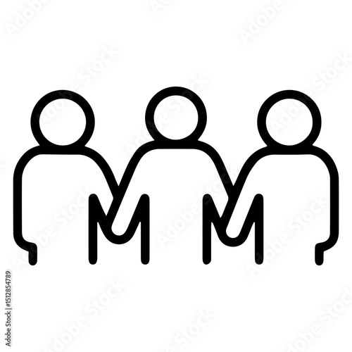 An (outline style) illustration of three stylized human figures standing side-by-side and holding hands, symbolizing unity, teamwork, solidarity, and community. Conveys a sense of collective effort
