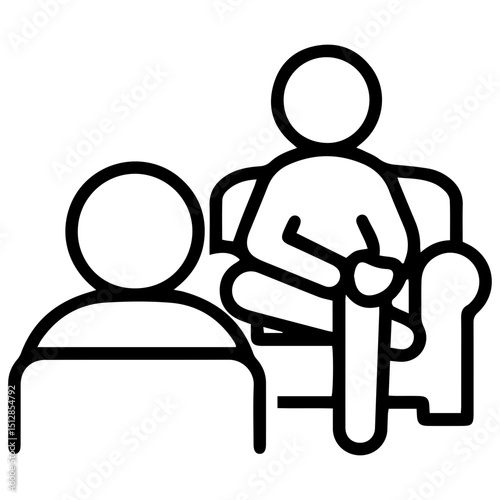 An (outline style) illustration of two stylized human figures engaged in conversation, one seated comfortably in an armchair and the other facing them, symbolizing space for open communication