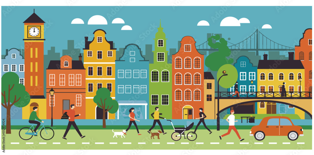 Colorful Urban Public Space. People Walking, Jogging, and Cycling in a City Square.