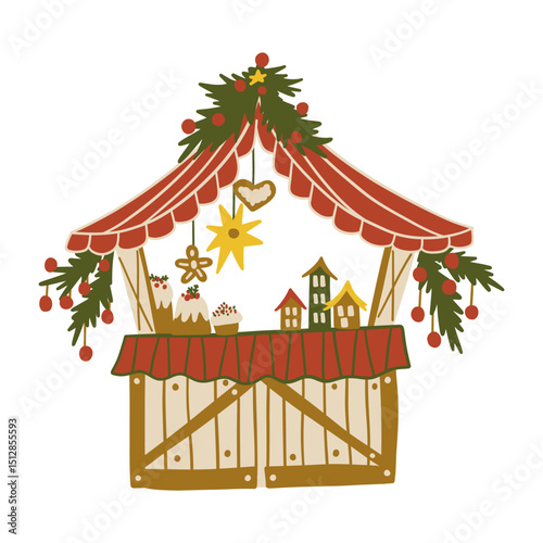 Christmas Market Stall Wooden House. Outdoor Winter Shop. Xmas Festival Holiday Kiosk. Gift Souvenir Gingerbread Cake Stand. Hand Drawn Cute Colorful Cartoon Aesthetic Vector Illustration Isolated
