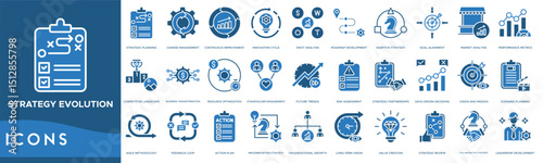 Strategy evolution icon. Strategic Planning, Change Management, Continuous Improvement, Innovation Cycle, SWOT Analysis, Roadmap Development, Adaptive Strategy and Goal Alignment