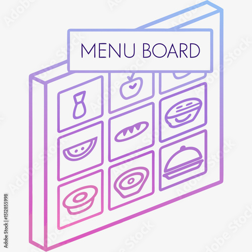 Isometric menu board displaying various food items in pastel colors  