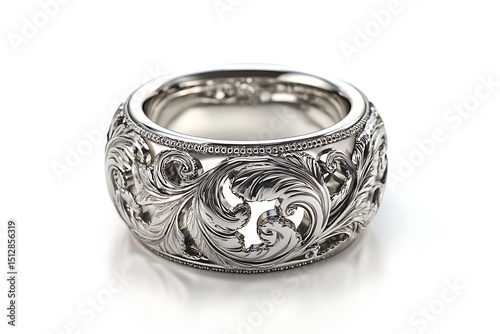 Close up of an ornate silver ring with floral designs on a white background for jewelry advertising