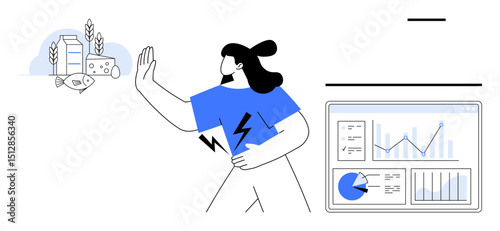 Woman gestures to deny food items thumbs up cheese and wheat, focusing on digital graphs showcasing health data. Ideal for nutrition, diet tracking, health monitoring, wellness, fitness, balanced