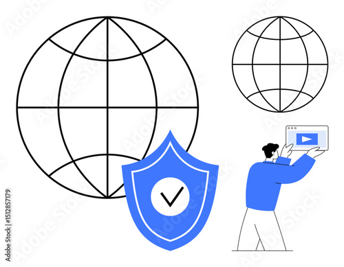 Globe symbolizing worldwide connection, shield with checkmark for security, person holding digital media icon. Ideal for cybersecurity, internet, safe browsing, technology, global exchange, media