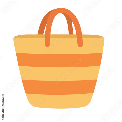 Cartoon striped beach bag in orange and yellow colors. Flat vector illustration of summer accessory.