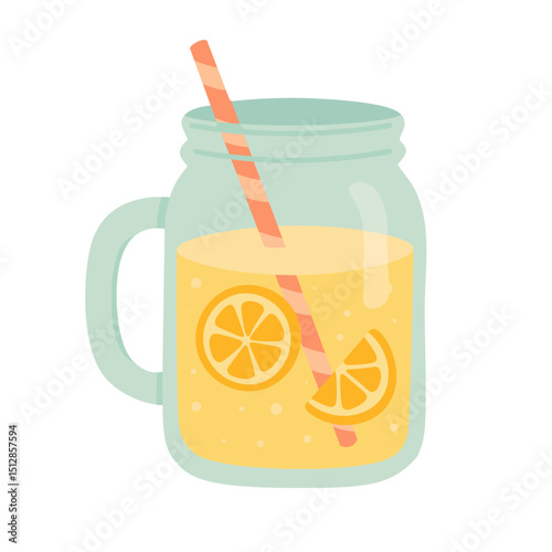 Cartoon mason jar with lemonade, lemon slices and straw. Flat vector illustration of summer drink.