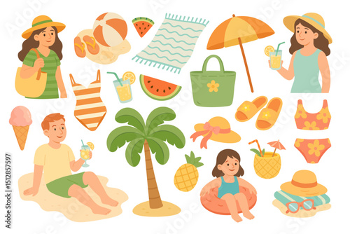 Cartoon summer beach collection with people, clothes, drinks and accessories. Flat vector illustration in warm colors.