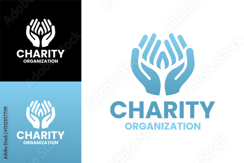 Charity Organization Logo Design with Heart and Hands in Blue and White