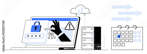 Laptop showcasing data security with locked access, key retrieval, and warning icon. Connected servers, cloud data transfer, and calendar with task highlight. Ideal for cybersecurity, data