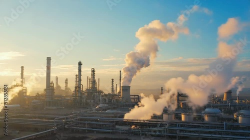 Industry sunset view with smoke and steam rising from oil refinery operations in a remote area