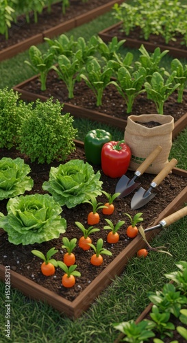 Vibrant Home Vegetable Garden with Fresh Produce, Tools, and Lush Greenery