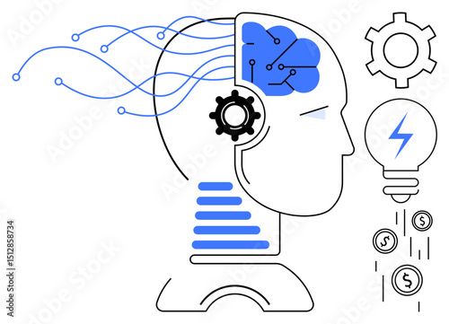 Head with brain circuits, flowing data, gear, and bulb symbolizing AI, innovation, and problem-solving. Ideal for technology, AI development, learning innovation productivity startup simple