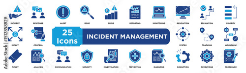 Incident Management  icon collection set. Containing incident,response,alert,issue,crisis,reporting,monitoring,resolution,escalation,priority,impact icon. Solid vector icons collection.	