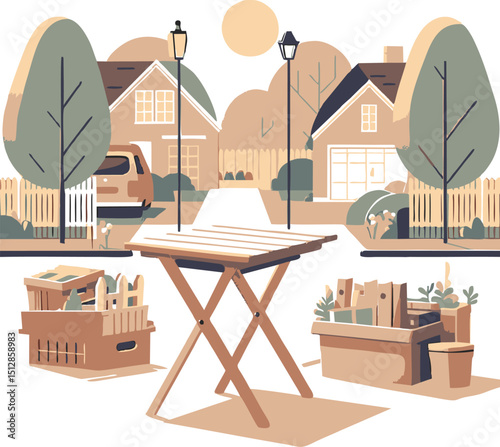 Suburban Yard Sale: A Charming Illustration of a Neighborhood Sale