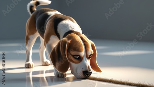 Beagle dog sniffs a scent trail in a minimalistic studio environment with bright light