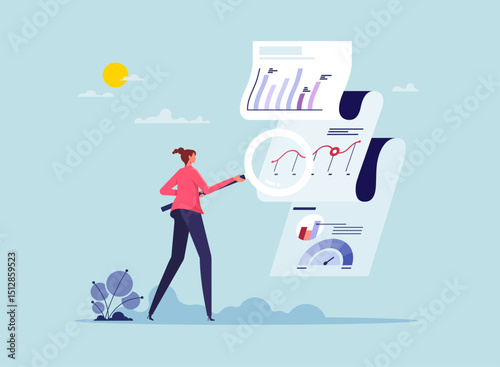 Data analysis chart and report, financial research or analyze information for marketing insight, analytics or optimization diagram, smart information, businessman analyze data with magnifying glass