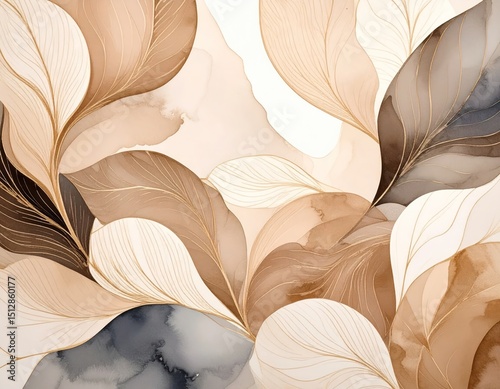 Abstract botanical design featuring flowing leaves in warm earth tones, subtle grays, and gold accents photo
