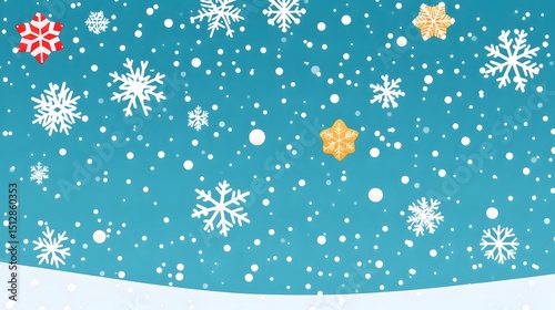 Winter snowflakes and snow falling on a teal background. photo