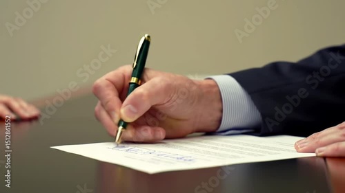 Hand Signs a Contract With a Green and Gold Pen on a Dark Table in Eye Level View Perfect for Business Agreements Legal Documents or Official Endorsements