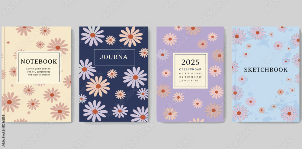 Floral patterned covers for notebook, calendar, journal or sketchbook. Botanical backgrounds and frames with hand-drawn daisy flowers