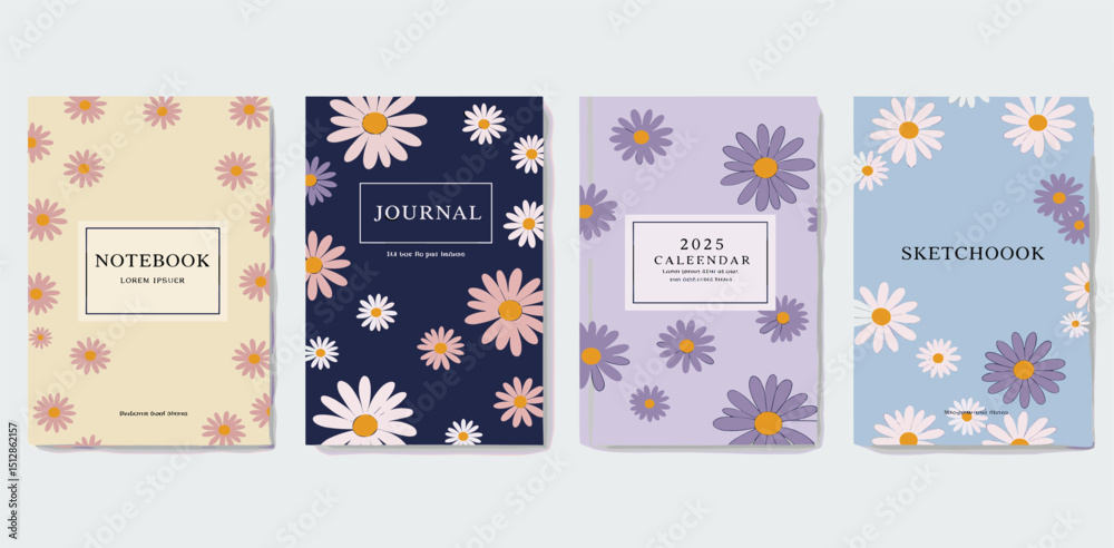 Floral patterned covers for notebook, calendar, journal or sketchbook. Botanical backgrounds and frames with hand-drawn daisy flowers