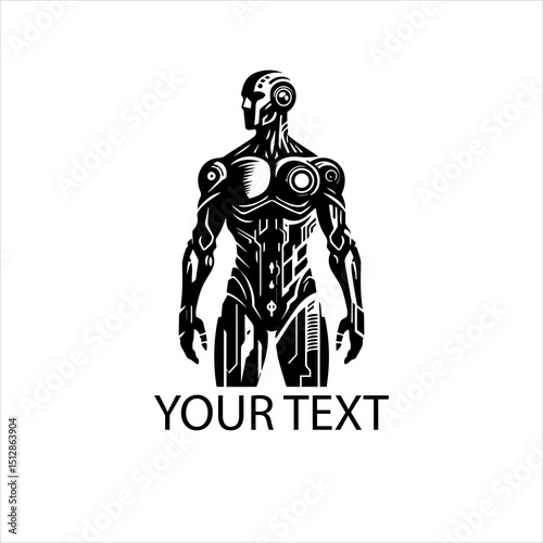 Minimalist Black Humanoid AI Robot Vector Logo Isolated on White Background