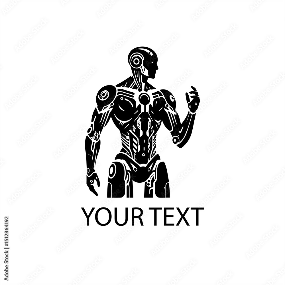 Fototapeta premium Minimalist Black Humanoid AI Robot Vector Logo Isolated on White Background