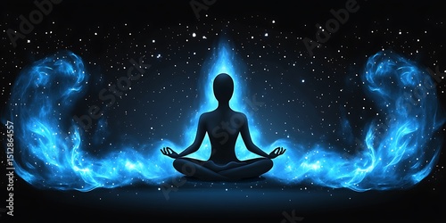 Silhouette of a person in meditation, surrounded by blue flames, against a starry night