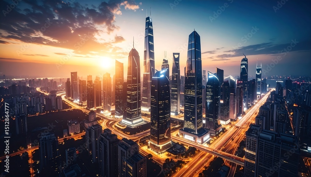 Fototapeta premium Shanghai Skyline at Sunrise: A Breathtaking Aerial View of Modern Architecture and City Lights