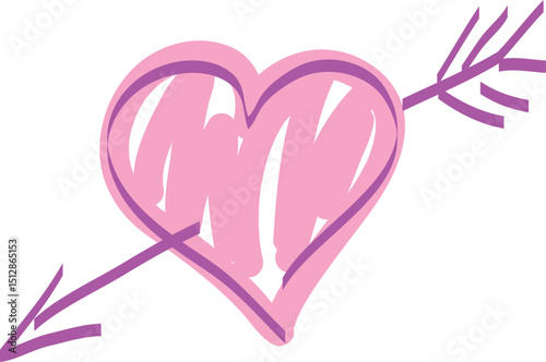 A heart pierced by a single arrow. Hand drawn with a purple marker and colored with a thick pink brush. Doodle sketch heart shape.