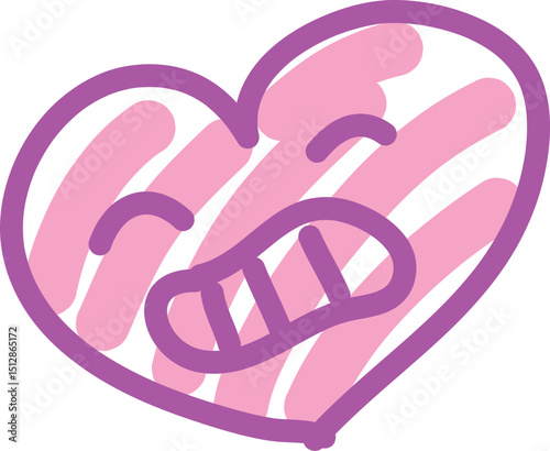 Heart baring teeth with closed eyes. Hand drawn with purple brush and colored in stripes with thick pink brush. Doodle sketch heart shape.