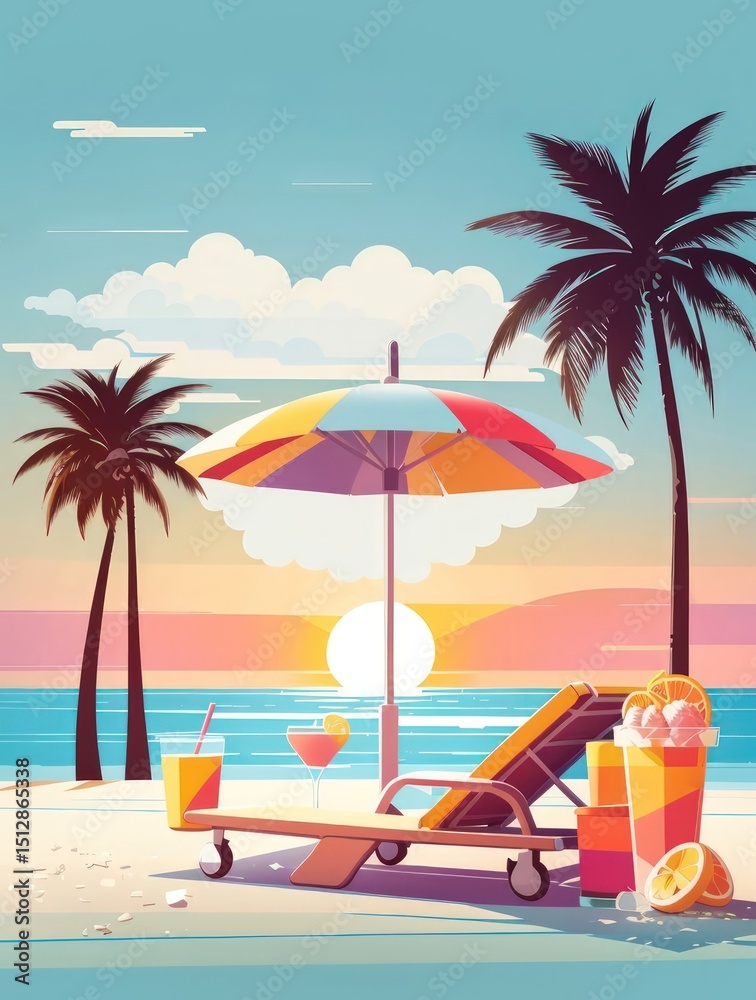 Fototapeta premium Summer Vacation Beach Illustration — Flat Vector with Palm Trees, Coconut Drink, and Sunset