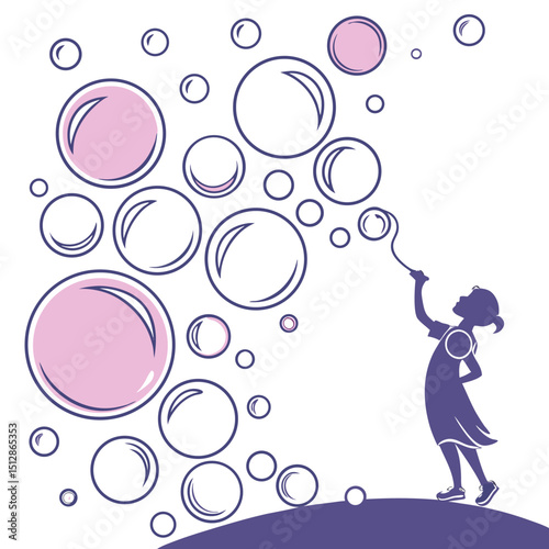 Silhouette of a girl blowing bubbles in dreamy pastel tones
