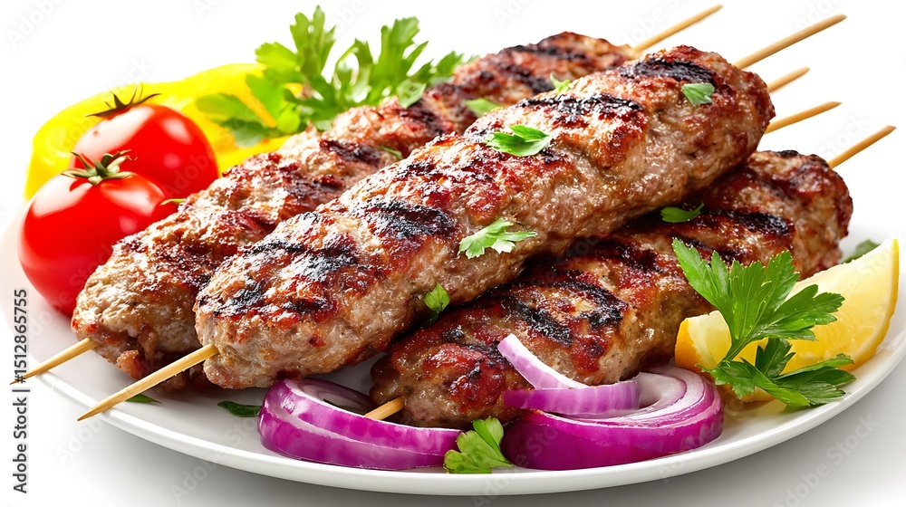 Delicious grilled skewered kofta kebabs with fresh vegetables for a flavorful meal Delicious grilled skewered kofta kebabs with fresh vegetables for a flavorful meal