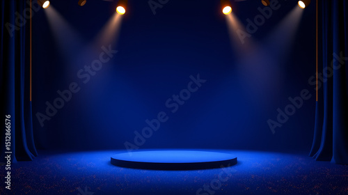 Dark blue stage with golden spotlight lines and glitter texture for award ceremony design. Realistic 3d abstract premium elegant glamour background template for anniversary or winner rewarding.