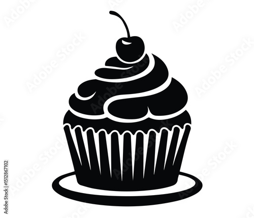 Cupcake Silhouette Vector on Plate with Sprinkles, Cupcake Dessert Outline Vector, Bakery or Cafe Logos, Minimalist Cupcake Icon.