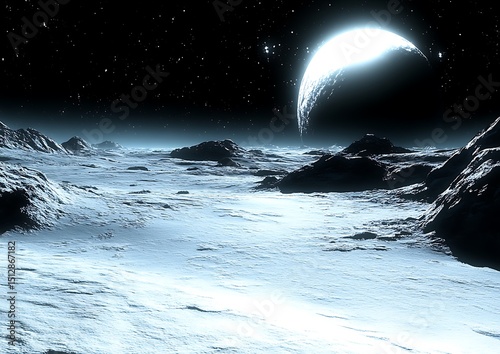 Frozen alien landscape under a bright moon