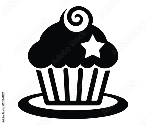 Cupcake Silhouette Vector on Plate with Sprinkles, Cupcake Dessert Outline Vector, Bakery or Cafe Logos, Minimalist Cupcake Icon.