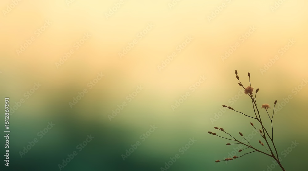 Obraz premium A single delicate stem with small, brown seed pods stands out against a blurred background of soft, warm green and golden hues, suggesting a peaceful and serene natural setting