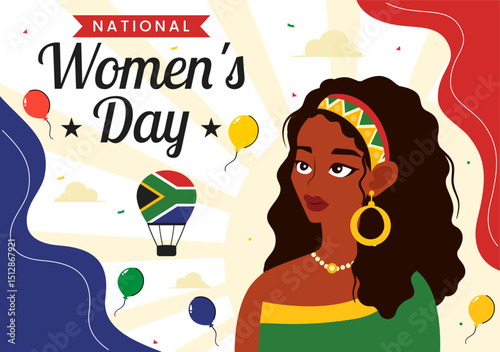 Happy Women's Day in South Africa Celebration Vector Illustration Featuring an Ethnic Black Woman and Waving Flag on a National Holiday Background