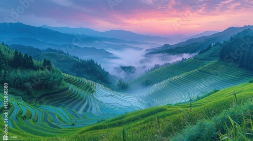 Misty Sunrise Over Rice Terraces