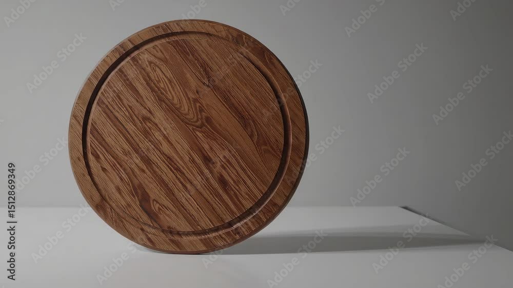 Wooden cutting board rotating on white surface in minimalist kitchen setting for design presentation