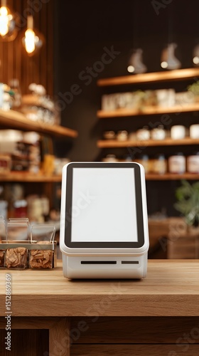 Modern Touchscreen Point Of Sale Terminal Mockup On Wooden Counter In Cozy Cafe Interior Perfect For Branding Display And UI Design