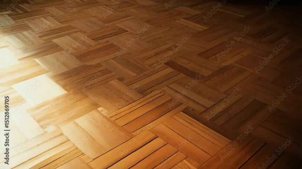 View of a herringbone pattern wood floor with sunlight casting a shadow across the surface area background texture video
