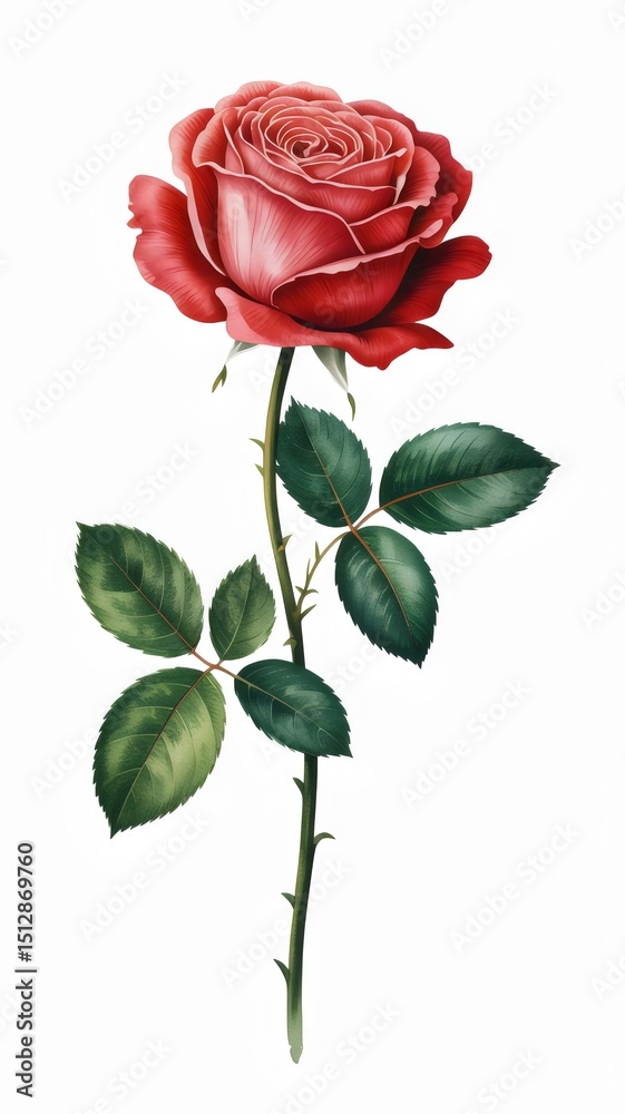 Fototapeta premium Captivating long stem red rose with delicate green leaves 