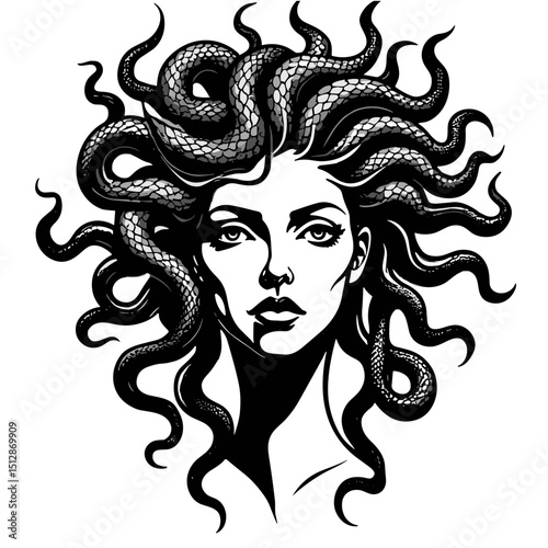 Vector Black and White Medusa Gorgon Woman Head with snakes Illustration