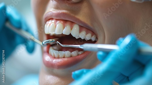 Dental hygienist carefully cleaning teeth with a scaler close up view sterile clinical background