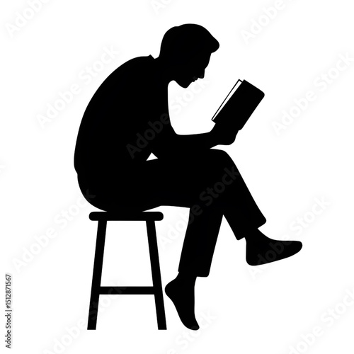 Silhouette of Man Reading Book on Stool - Vector Art for Education and Study Themes