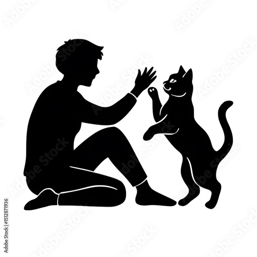 Silhouette of Boy Playing with Cat - Pet Interaction Vector Illustration